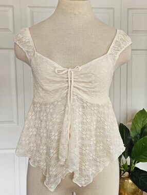 Heart & Hips Cream Floral Lace Tie Front Babydoll Tank Top Romantic Coquette M